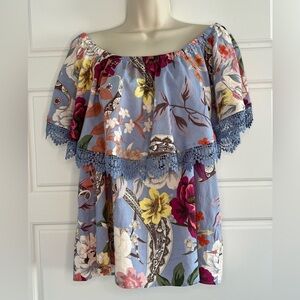 NWT Cupio Size XL Multicolor Floral Off Shoulder Linen Blend Blouse Cottagecore
